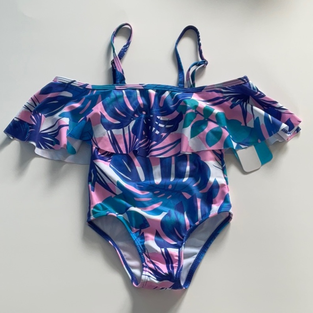 Bikini tropical print one piece toddler Girls blue pink size 2Y‎